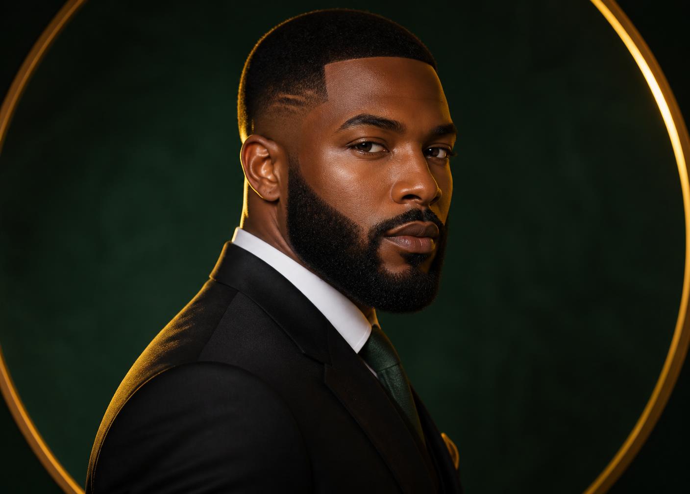 Black man with fresh barber lineup and groomed beard in a tailored suit
