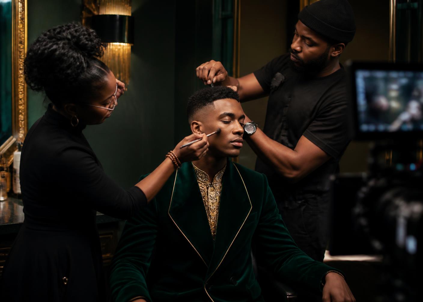 Black hairstylist and makeup artist grooming a male model of color on a luxury production set
